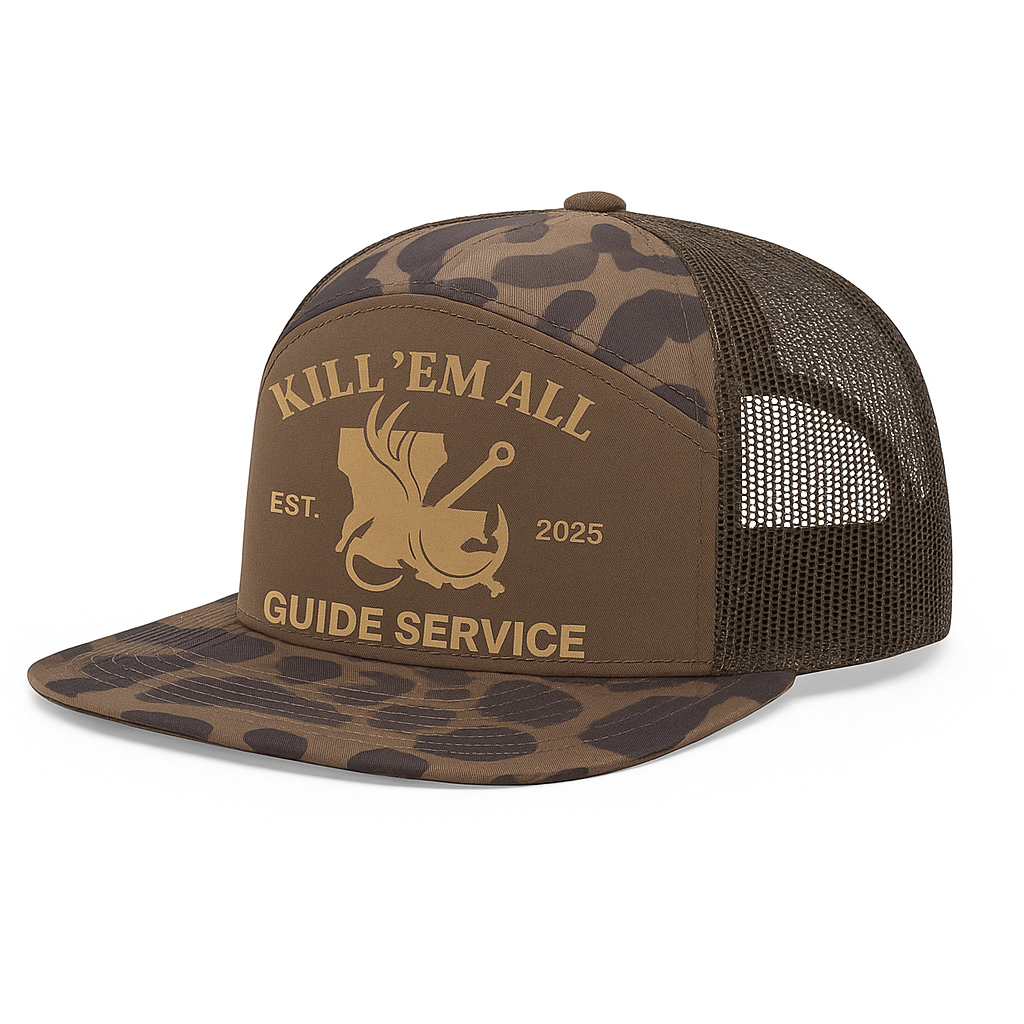 Richardson 168P Camo 7-Panel Snapback Trucker Hat - Seven-Panel Trucker Cap with Flat Bill