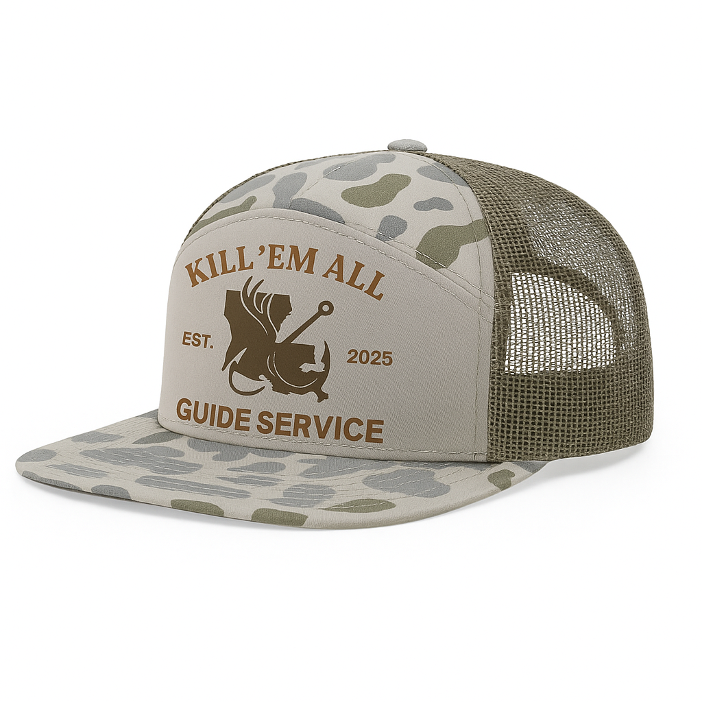 Richardson 168P Camo 7-Panel Snapback Trucker Hat - Seven-Panel Trucker Cap with Flat Bill